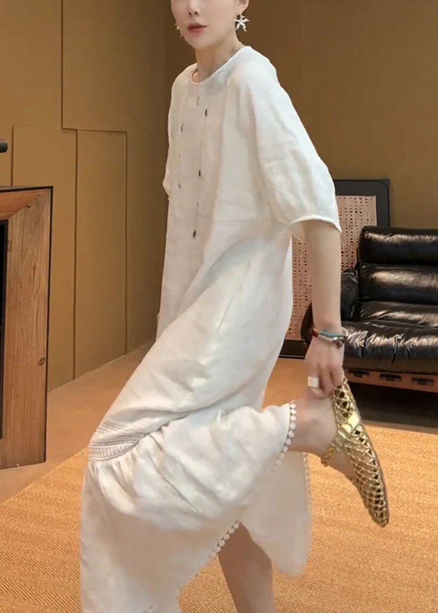 Elegant White O Neck Pockets Solid Cotton Long Dress Summer - Image 4