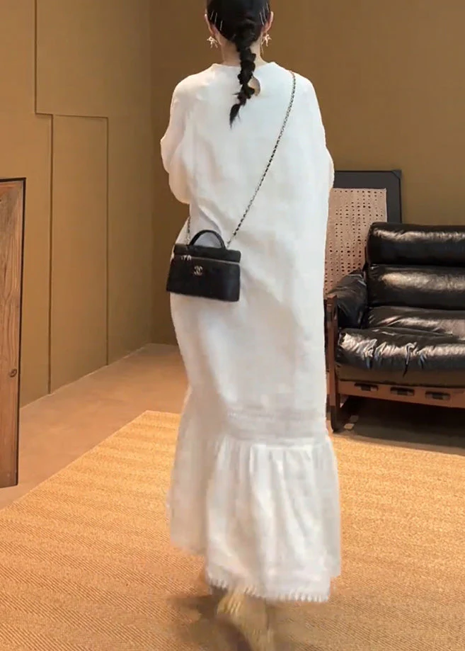 Elegant White O Neck Pockets Solid Cotton Long Dress Summer - Image 5