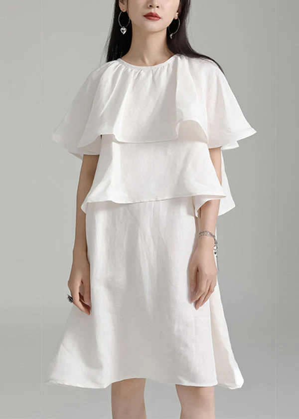 Elegant White O Neck Ruffled Patchwork Cotton Mid Dresses Summer - Image 2