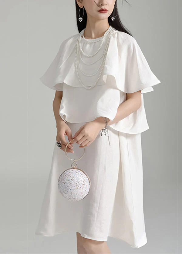 Elegant White O Neck Ruffled Patchwork Cotton Mid Dresses Summer - Image 3