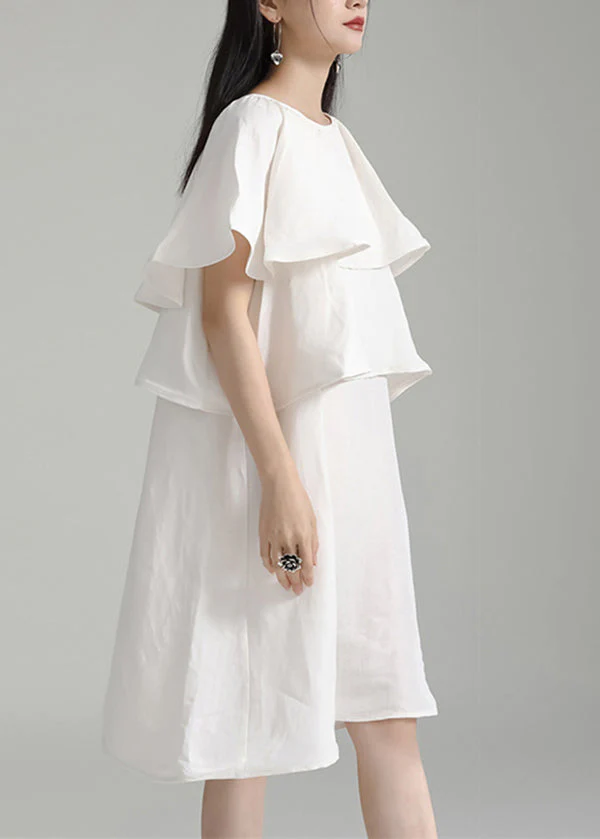 Elegant White O Neck Ruffled Patchwork Cotton Mid Dresses Summer - Image 4