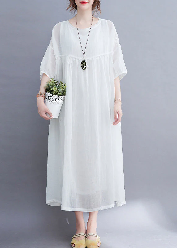 Elegant White O-Neck wrinkled Extra large hem Long Dress Half Sleeve - Image 2