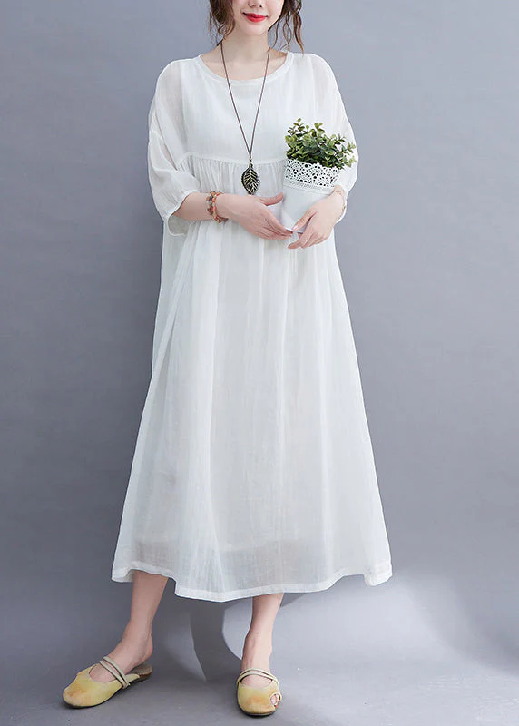 Elegant White O-Neck wrinkled Extra large hem Long Dress Half Sleeve - Image 3