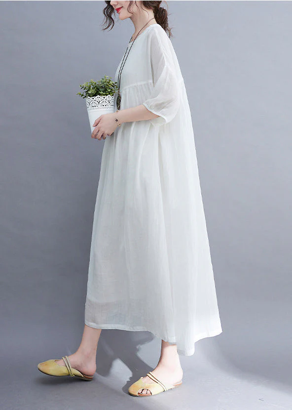Elegant White O-Neck wrinkled Extra large hem Long Dress Half Sleeve - Image 4