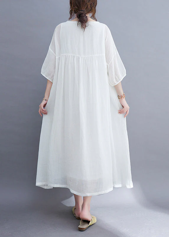 Elegant White O-Neck wrinkled Extra large hem Long Dress Half Sleeve - Image 5