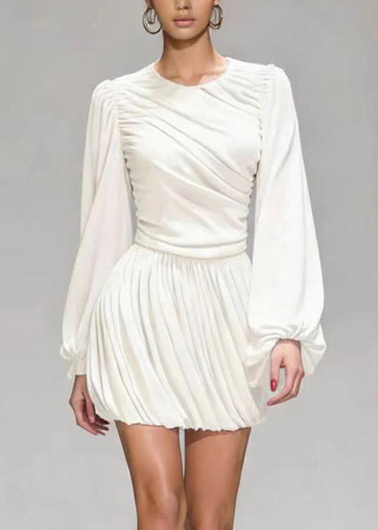 Elegant White O Neck Wrinkled Patchwork Mid Dress Lantern Sleeve - Image 2