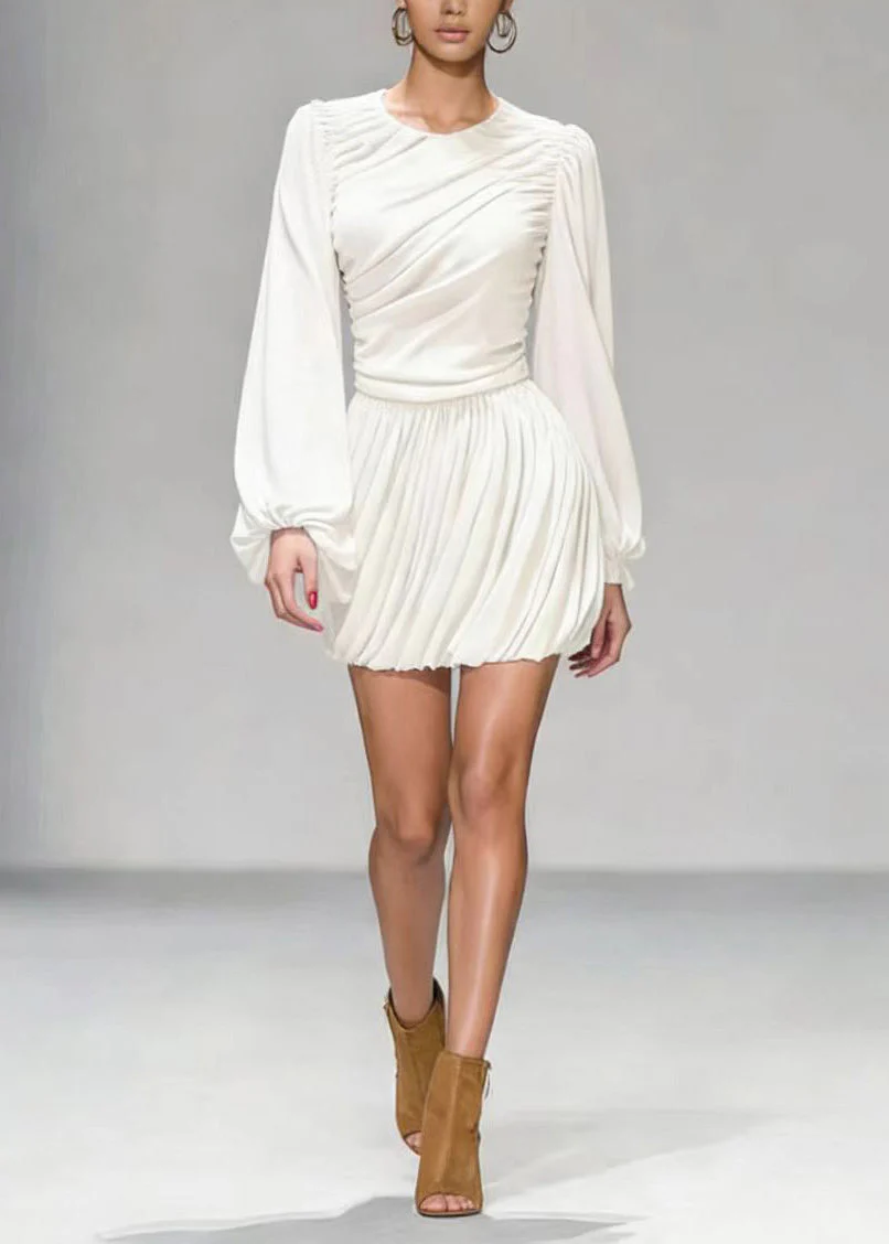 Elegant White O Neck Wrinkled Patchwork Mid Dress Lantern Sleeve - Image 3