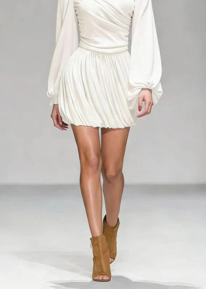 Elegant White O Neck Wrinkled Patchwork Mid Dress Lantern Sleeve - Image 4