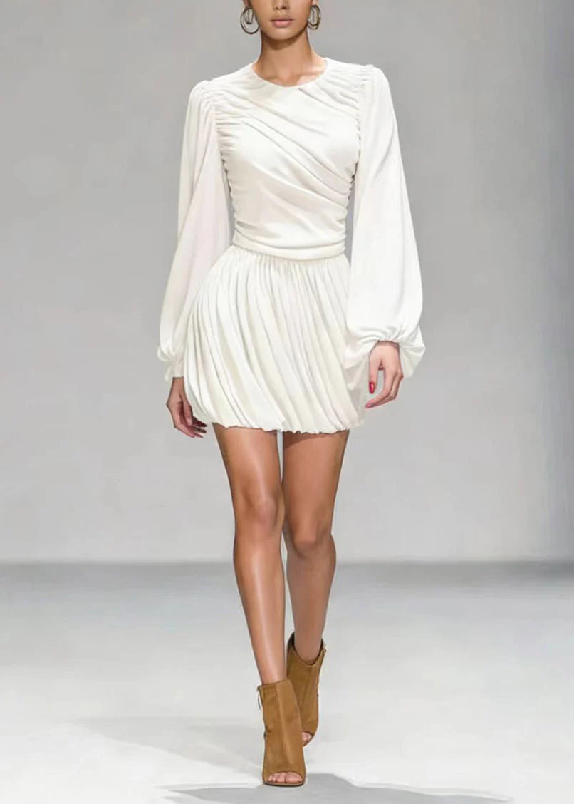 Elegant White O Neck Wrinkled Patchwork Mid Dress Lantern Sleeve - Image 5