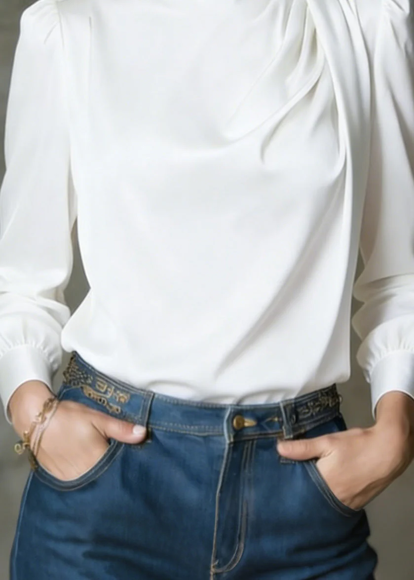 Elegant White O Neck Wrinkled Silk Shirts Spring - Image 4
