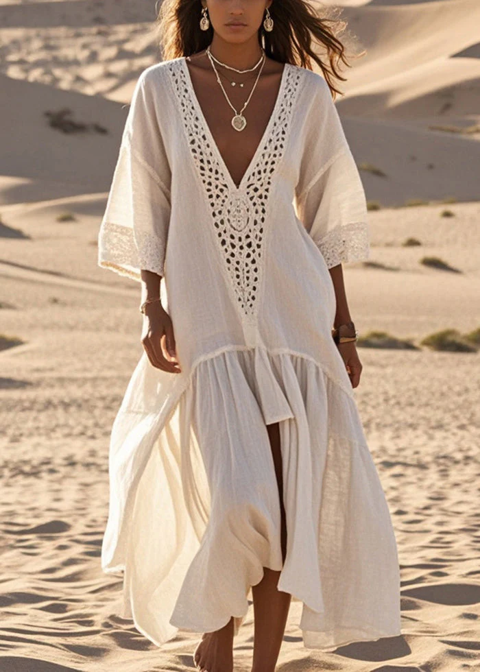 Elegant White Oversized Lace Patchwork Cotton Long Dresses Summer - Image 3