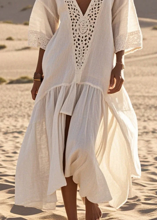 Elegant White Oversized Lace Patchwork Cotton Long Dresses Summer - Image 4