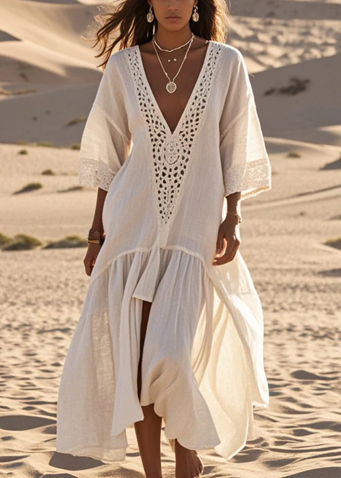 Elegant White Oversized Lace Patchwork Cotton Long Dresses Summer - Image 5