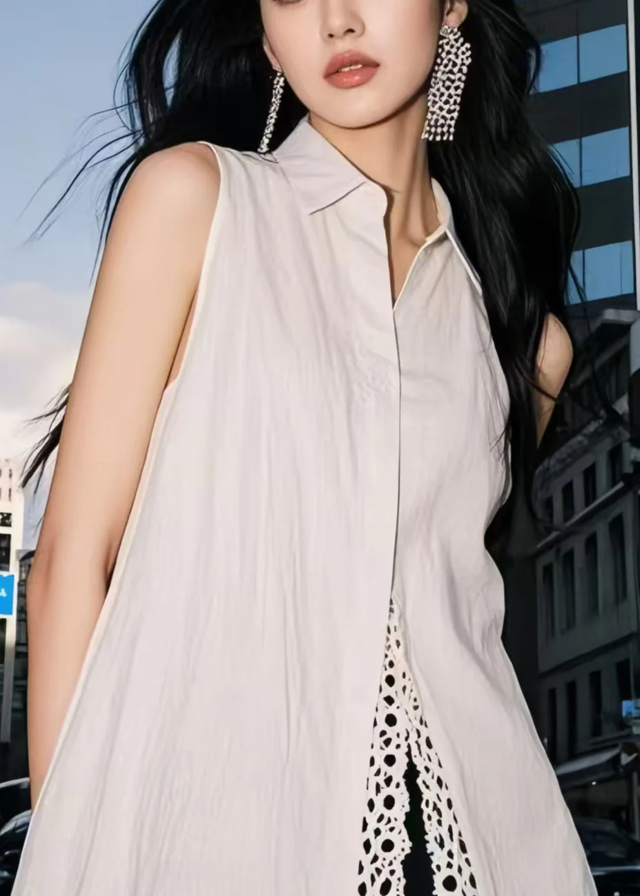 Elegant White Oversized Patchwork Lace Day Dress Sleeveless - Image 2