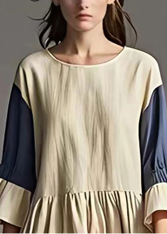 Elegant White Oversized Patchwork Linen Robe Dresses Flare Sleeve - Image 3