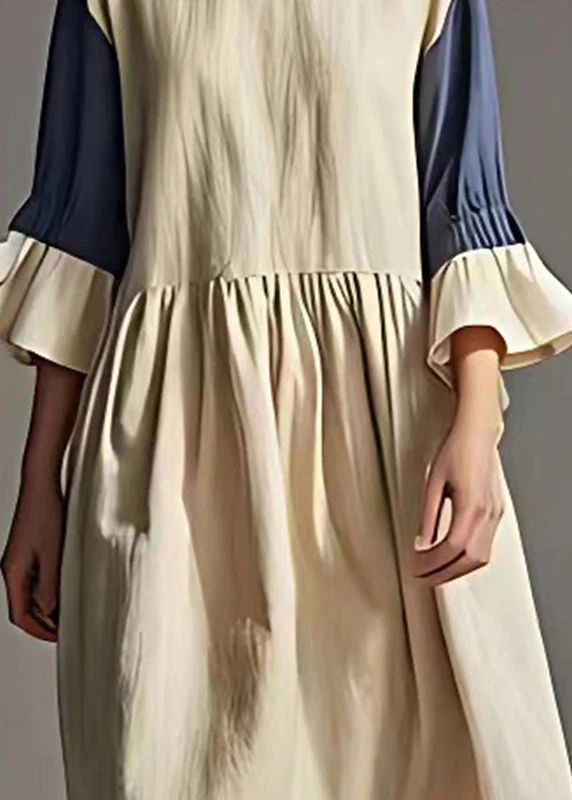 Elegant White Oversized Patchwork Linen Robe Dresses Flare Sleeve - Image 4