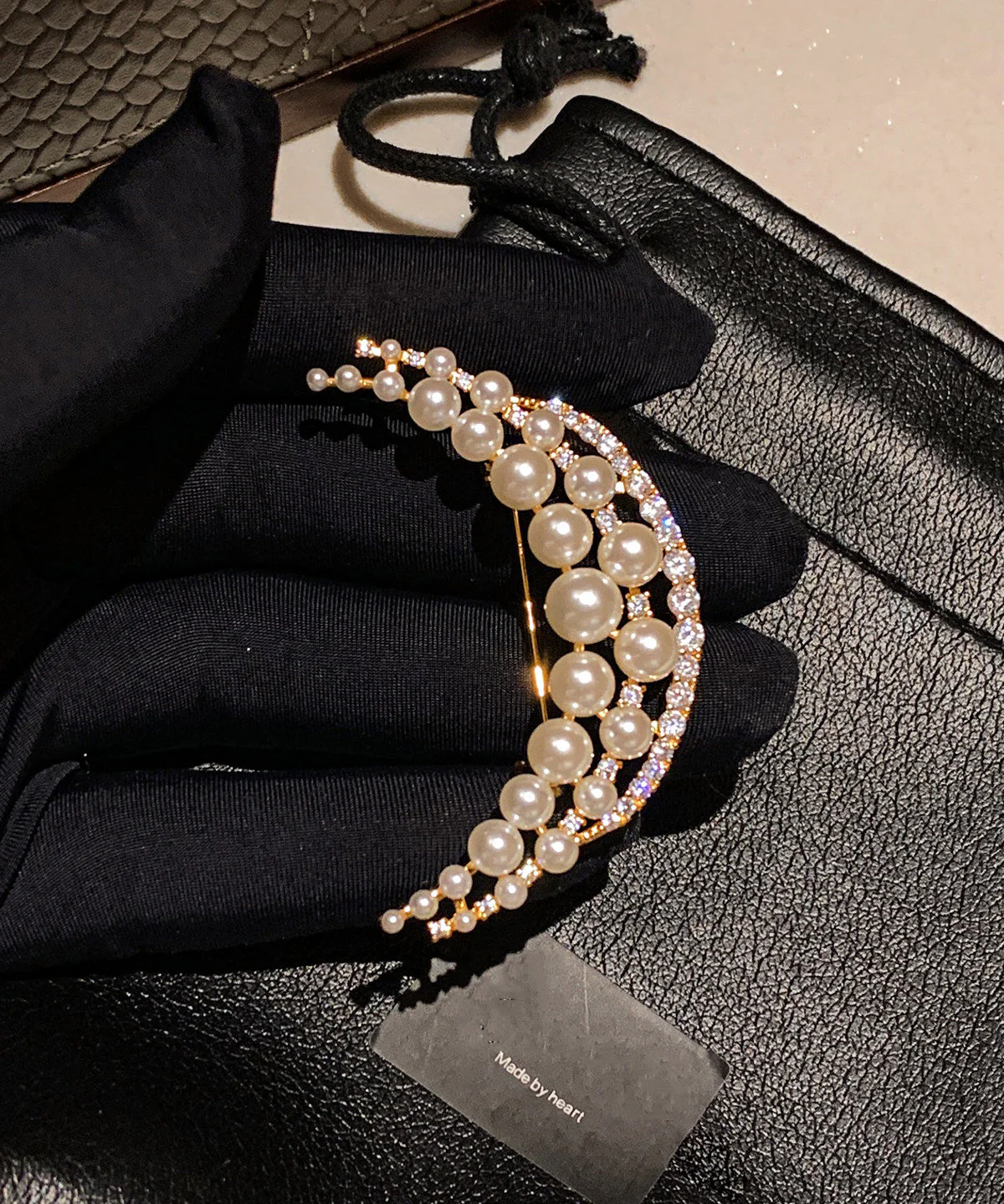 Elegant White Pearl Moon Shaped Fine Zircon Brooch - Image 3