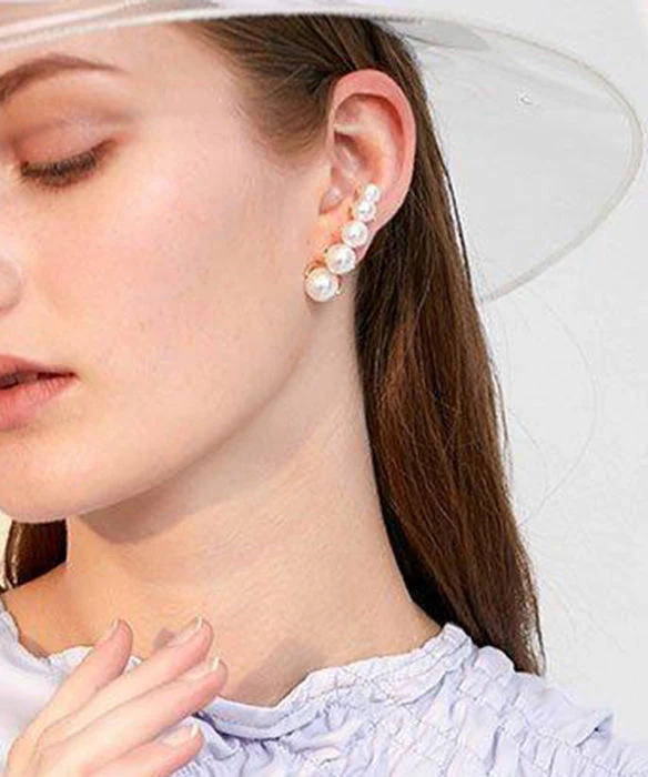 Elegant White Pearl Original Design Gold Plated Stud Earrings - Image 3