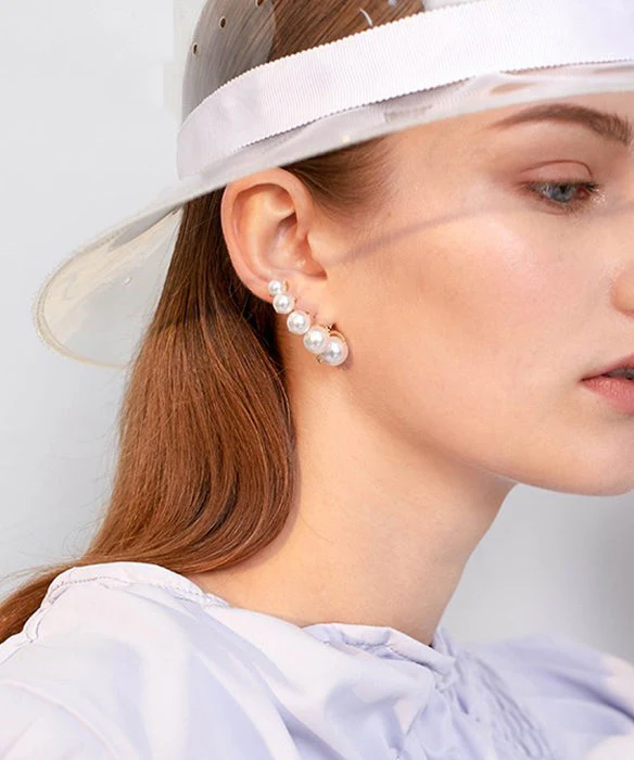 Elegant White Pearl Original Design Gold Plated Stud Earrings - Image 4