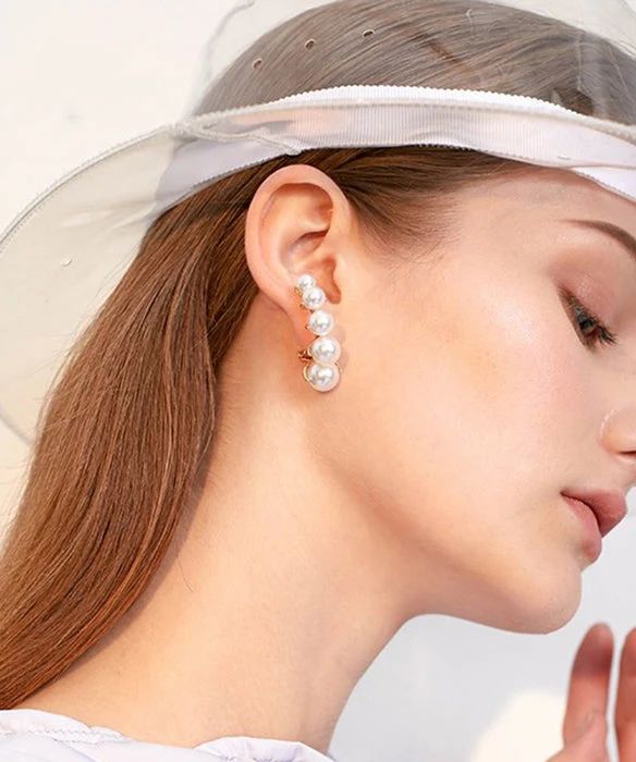 Elegant White Pearl Original Design Gold Plated Stud Earrings - Image 5