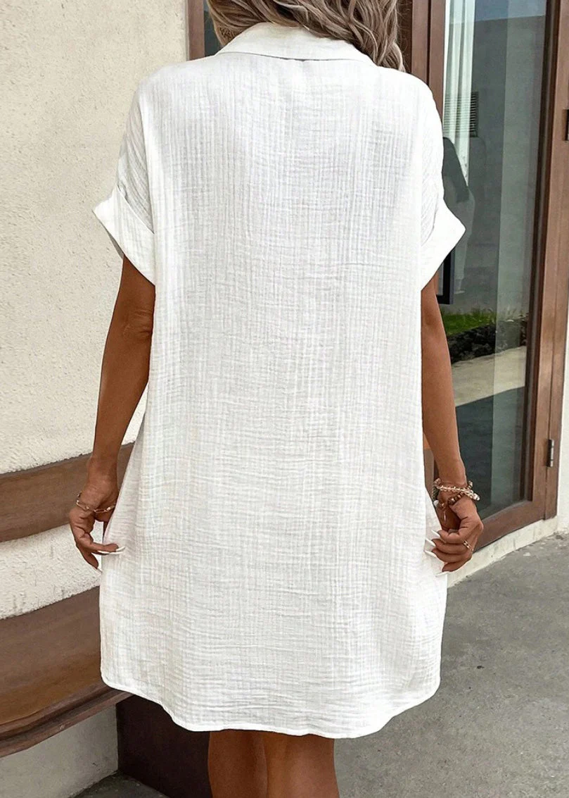 Elegant White Peter Pan Collar Button Pockets Cotton Shirt Dress Summer - Image 3