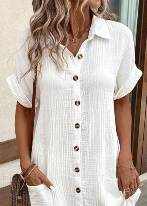 Elegant White Peter Pan Collar Button Pockets Cotton Shirt Dress Summer - Image 4