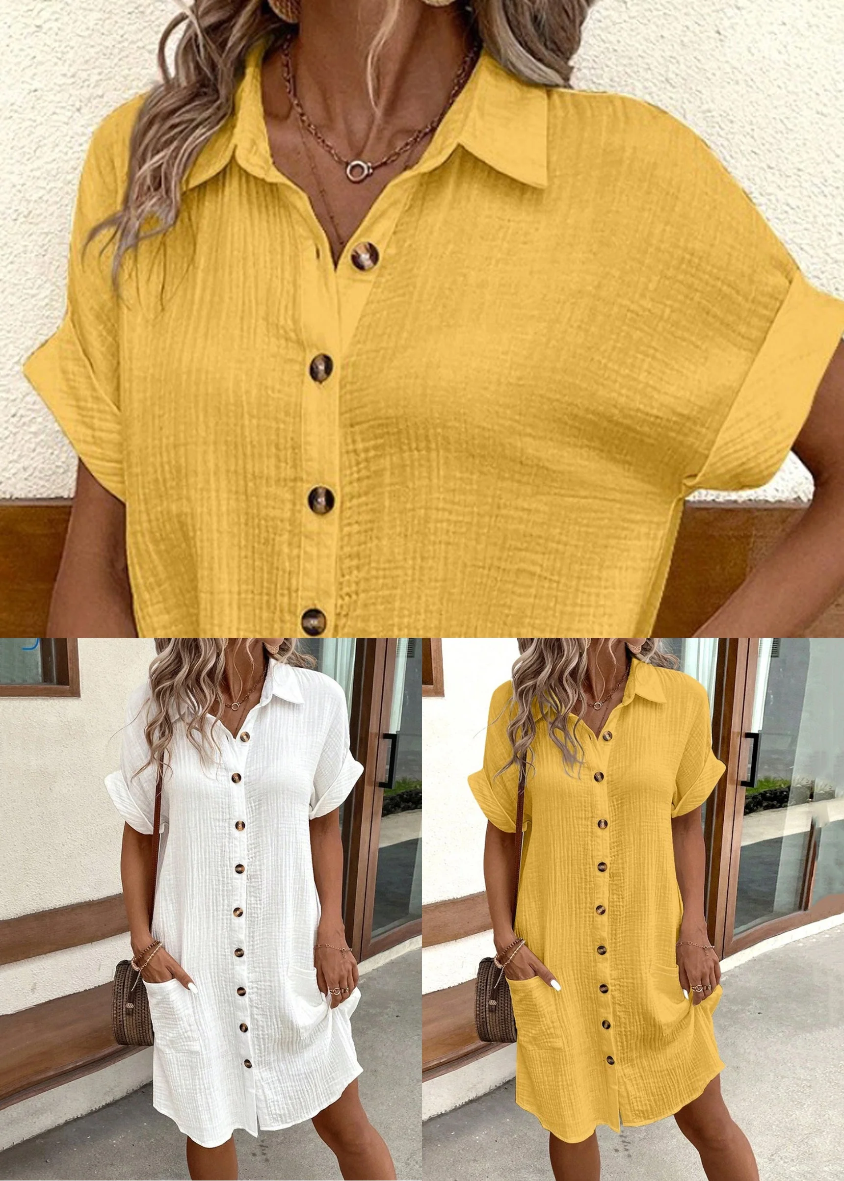 Elegant White Peter Pan Collar Button Pockets Cotton Shirt Dress Summer - Image 5
