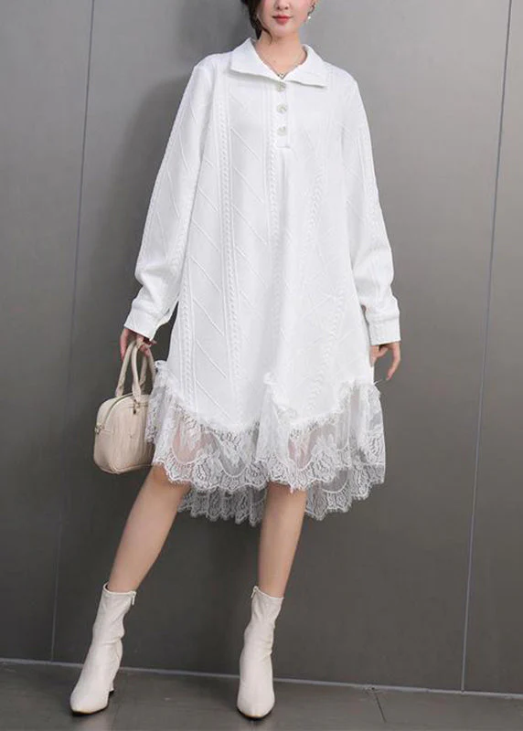 Elegant White Peter Pan Collar Lace Patchwork Long Dress Fall - Image 2