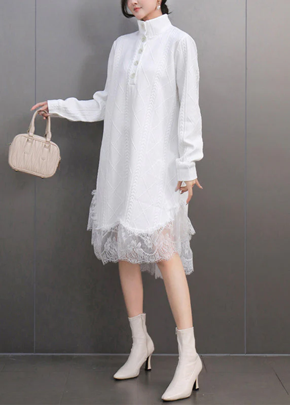 Elegant White Peter Pan Collar Lace Patchwork Long Dress Fall - Image 3