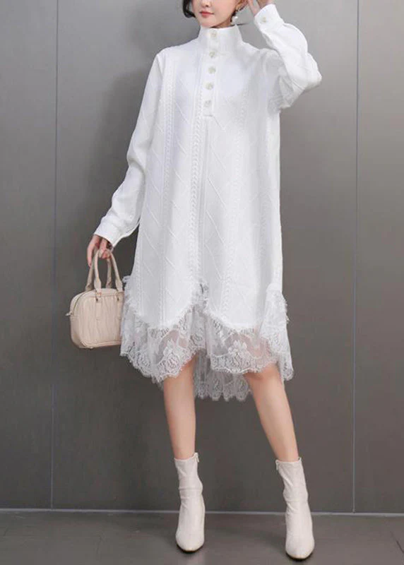Elegant White Peter Pan Collar Lace Patchwork Long Dresses Spring - Image 3