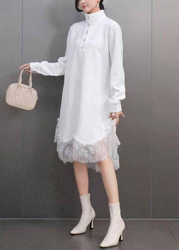 Elegant White Peter Pan Collar Lace Patchwork Long Dresses Spring - Image 4