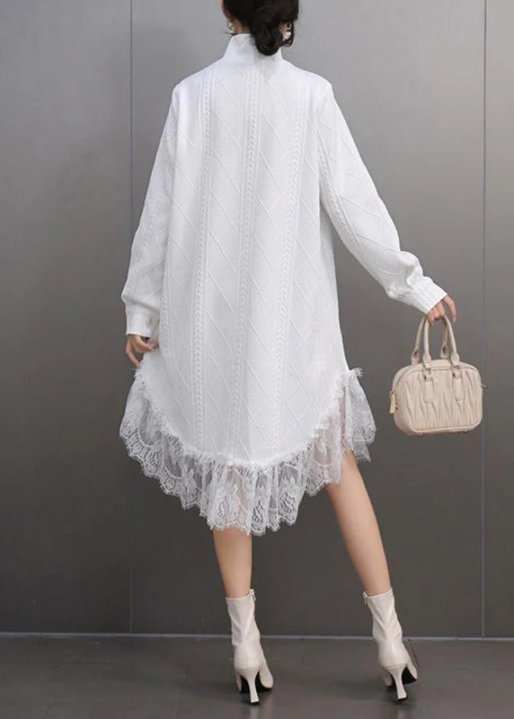 Elegant White Peter Pan Collar Lace Patchwork Long Dresses Spring - Image 5