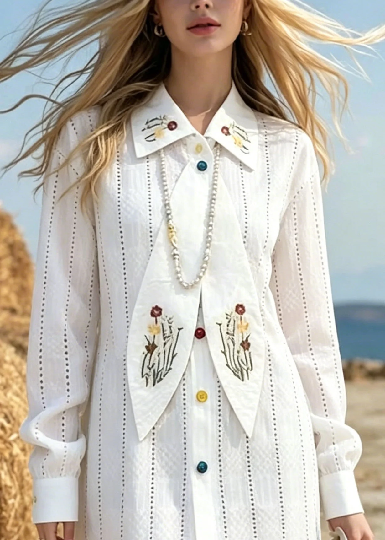 Elegant White Peter Pan Collar Print Cotton Mini Dress Spring - Image 2