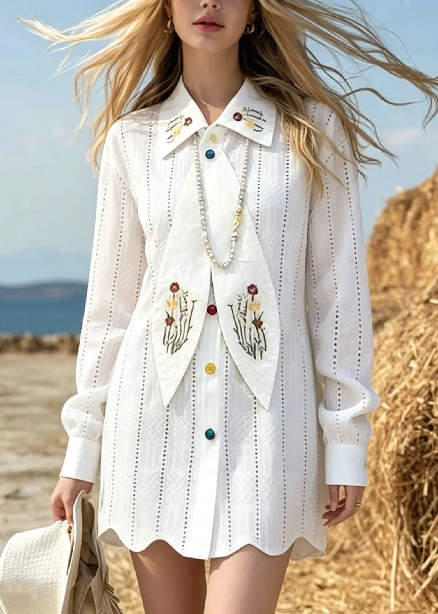 Elegant White Peter Pan Collar Print Cotton Mini Dress Spring - Image 3