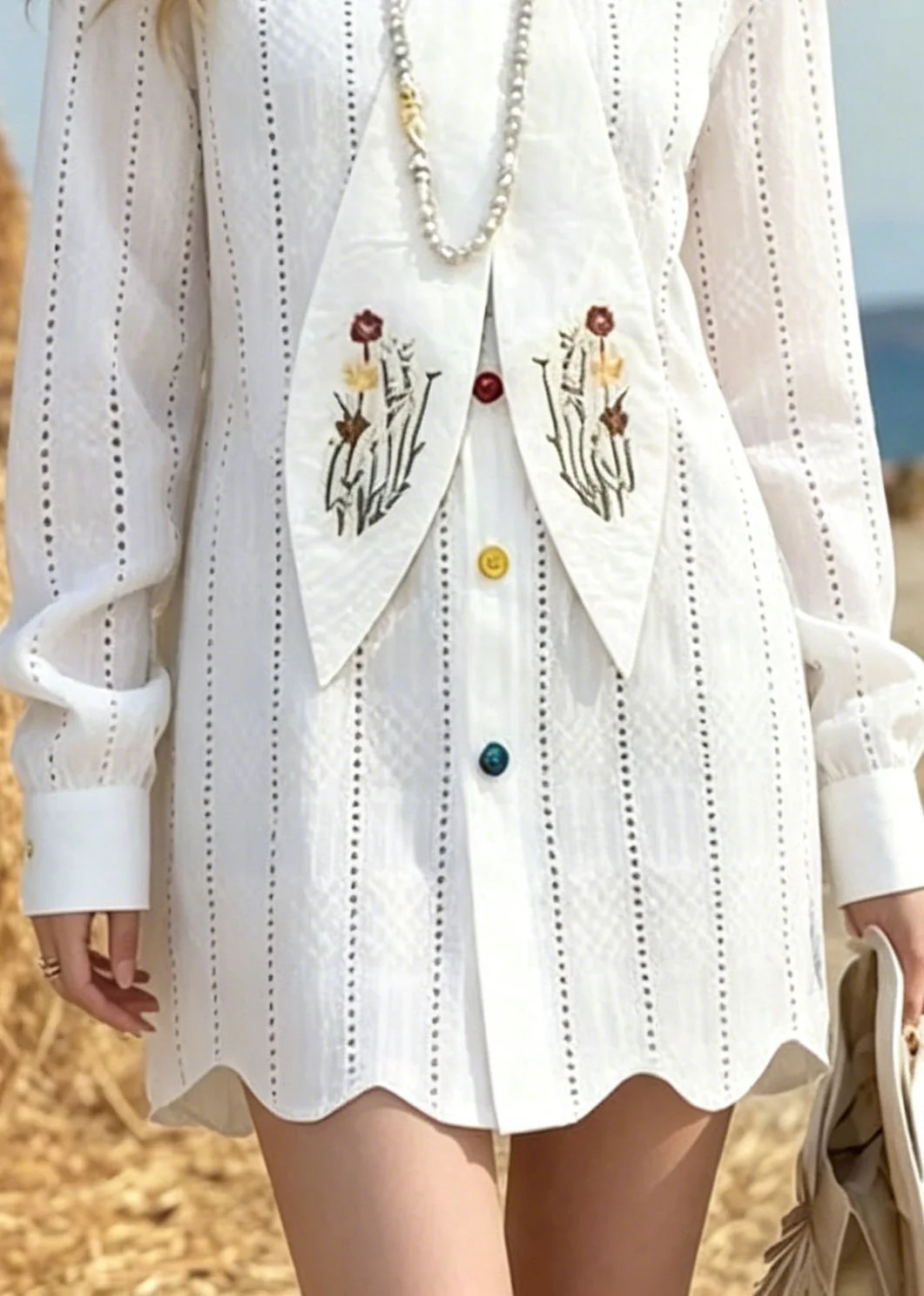 Elegant White Peter Pan Collar Print Cotton Mini Dress Spring - Image 4