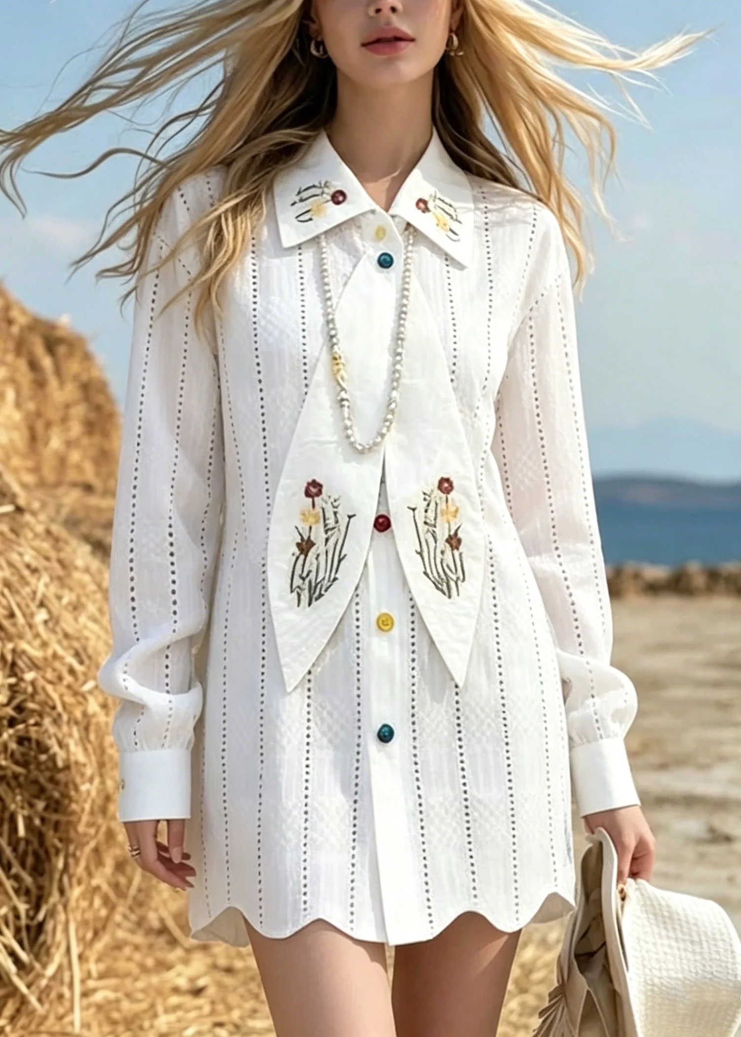 Elegant White Peter Pan Collar Print Cotton Mini Dress Spring - Image 5