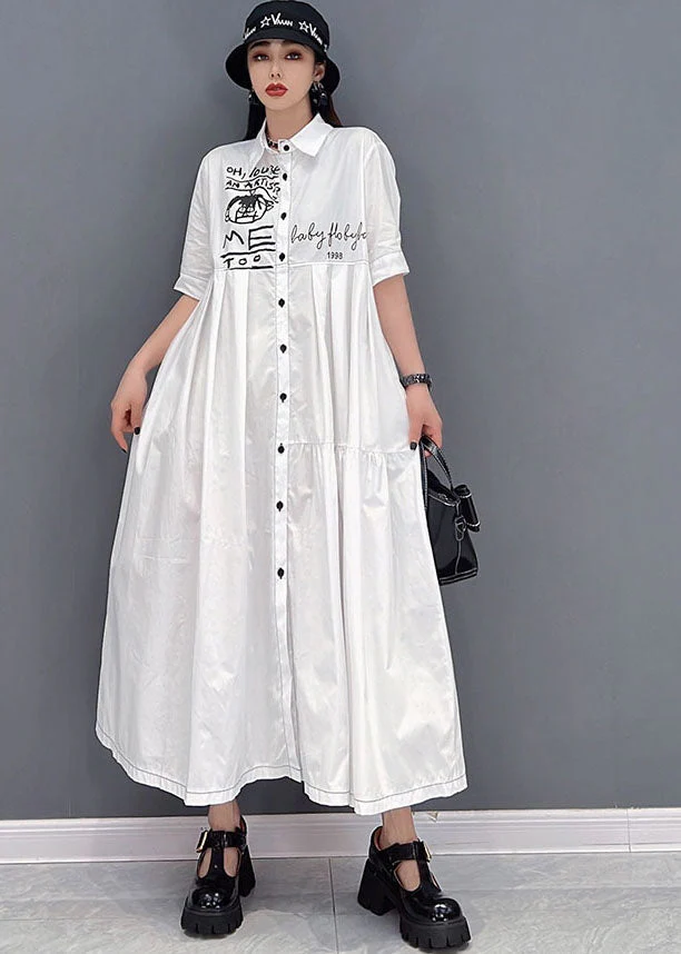 Elegant White Peter Pan Collar Print Wrinkled Cotton Party Shirt Dress Short Sleeve - Image 2