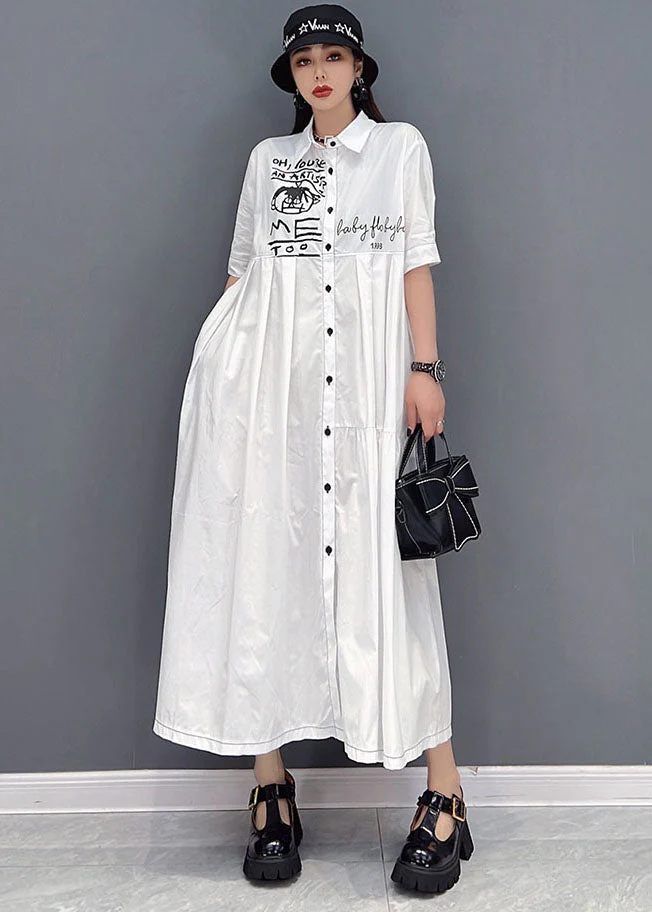 Elegant White Peter Pan Collar Print Wrinkled Cotton Party Shirt Dress Short Sleeve - Image 3