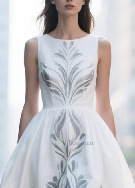 Elegant White Print Exra Large Hem Silk Cotton Dress Summer - Image 2