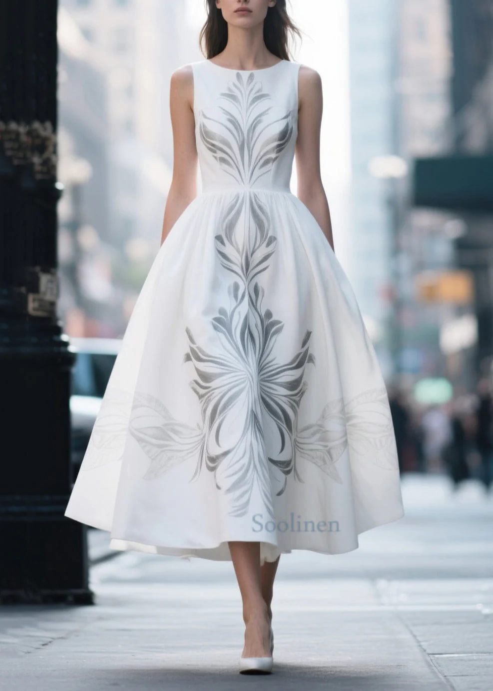 Elegant White Print Exra Large Hem Silk Cotton Dress Summer - Image 3