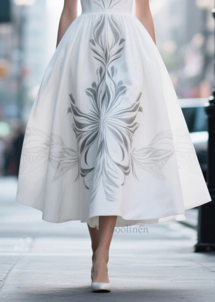 Elegant White Print Exra Large Hem Silk Cotton Dress Summer - Image 4