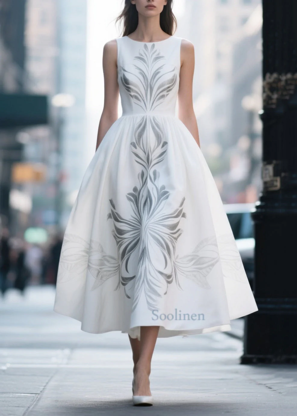 Elegant White Print Exra Large Hem Silk Cotton Dress Summer - Image 5