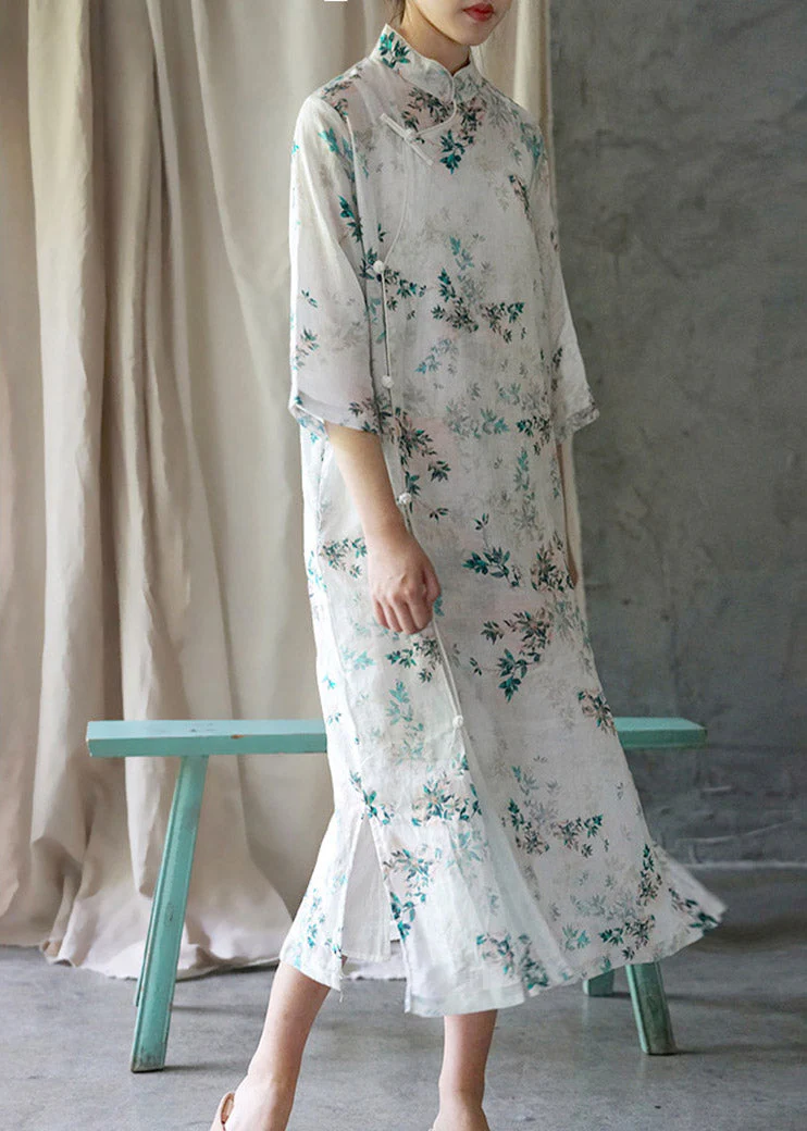 Elegant White Print Stand Collar Side Open Linen Cheongsam Dress Summer - Image 2