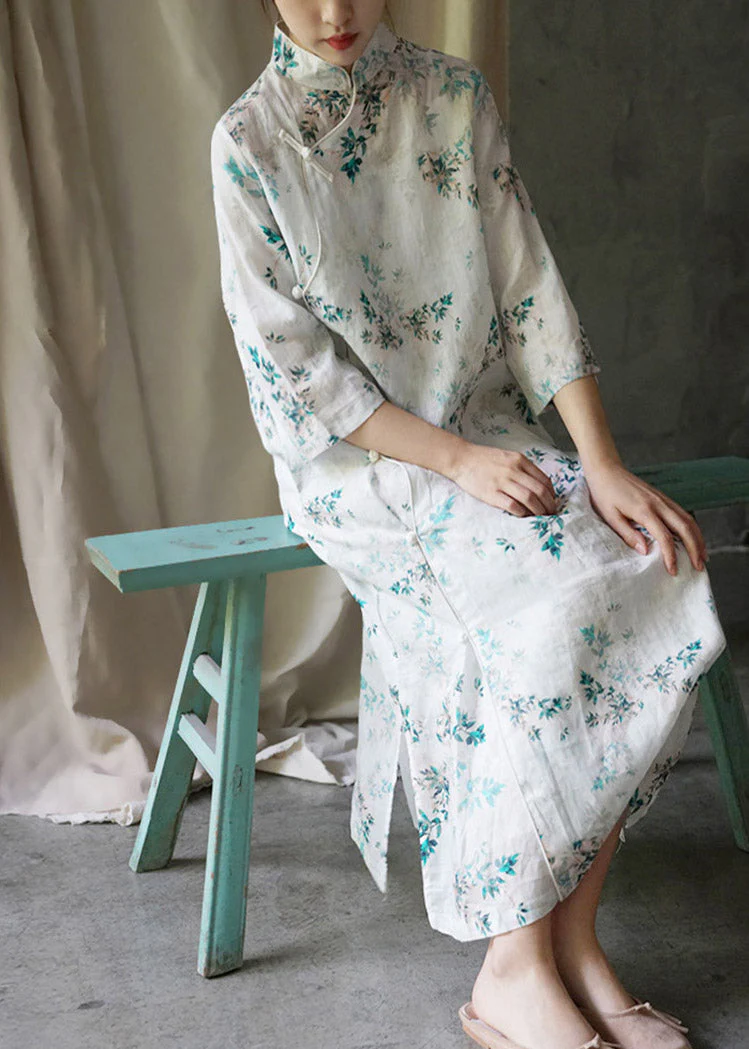 Elegant White Print Stand Collar Side Open Linen Cheongsam Dress Summer - Image 3