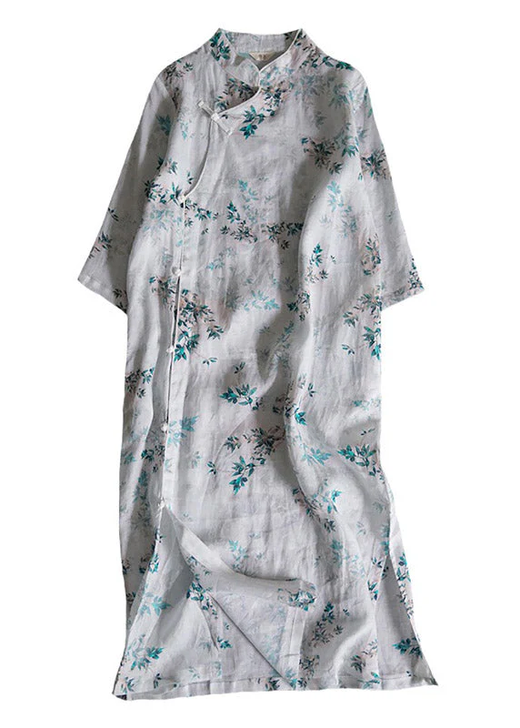 Elegant White Print Stand Collar Side Open Linen Cheongsam Dress Summer - Image 4