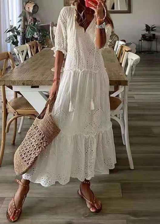 Elegant White Ruffled Hollow Out Cotton Party Dress Summer - Image 3
