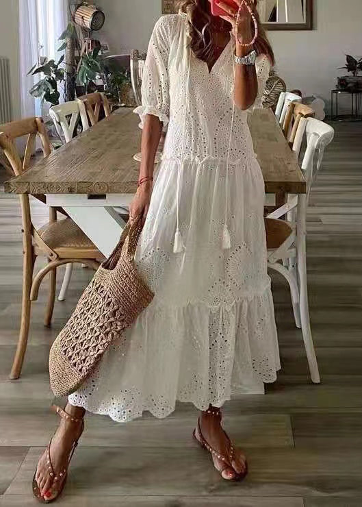 Elegant White Ruffled Hollow Out Cotton Party Dress Summer - Image 5