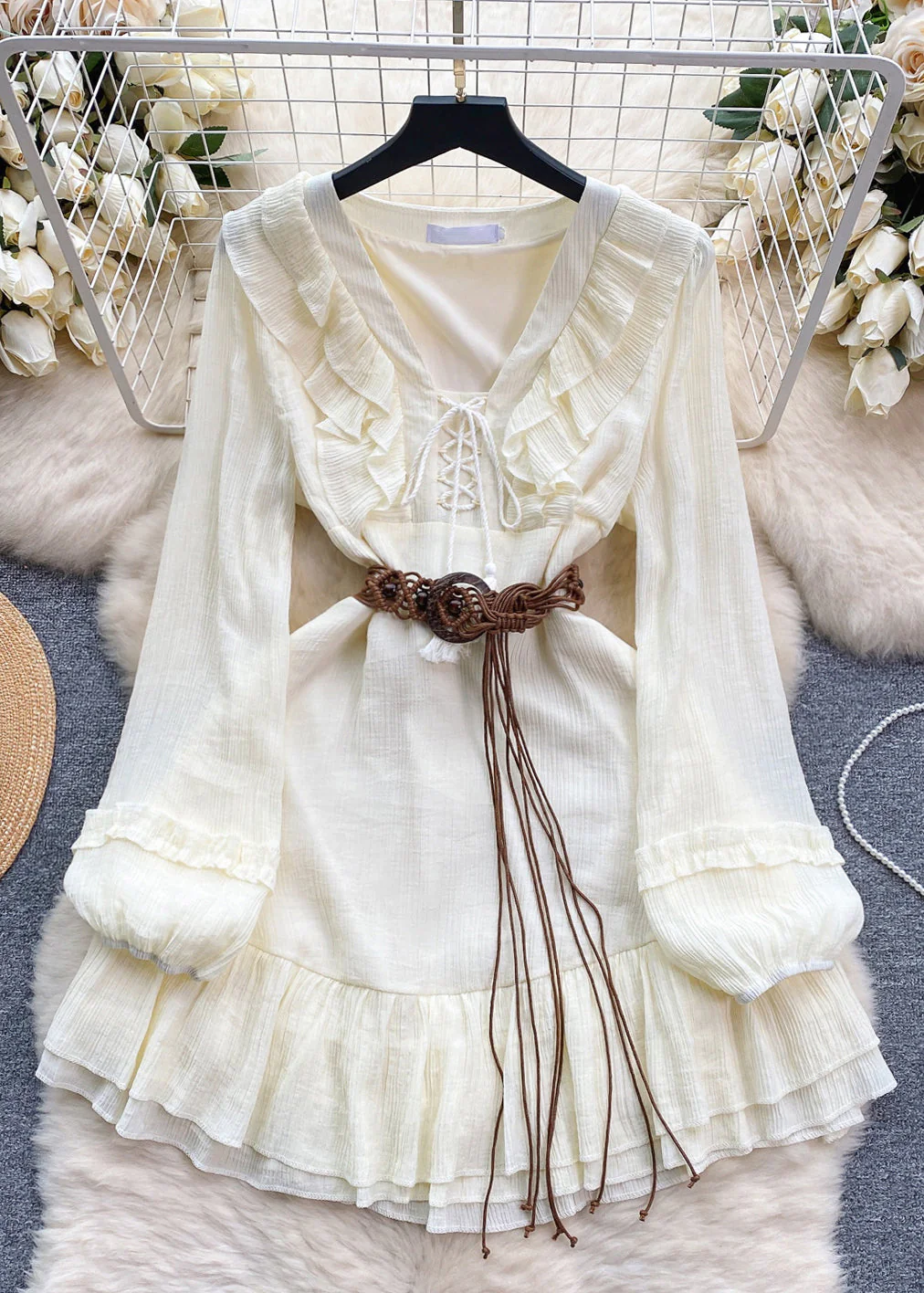 Elegant White Ruffled Lace Up Cotton Mid Dress Long Sleeve - Image 2