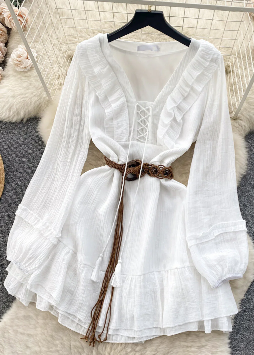 Elegant White Ruffled Lace Up Cotton Mid Dress Long Sleeve - Image 3