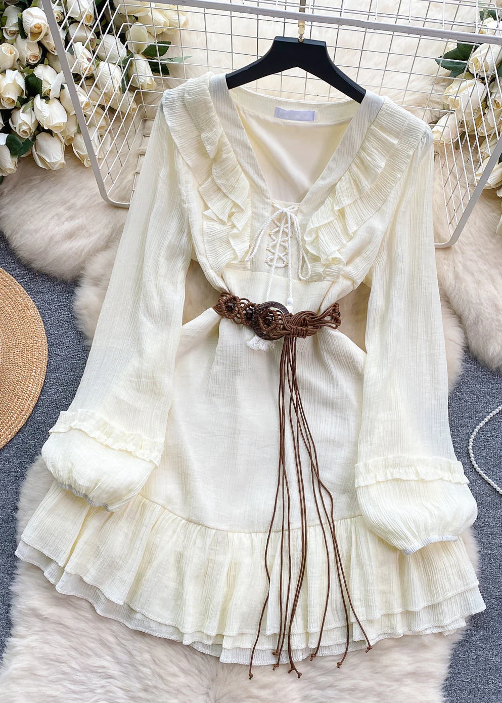 Elegant White Ruffled Lace Up Cotton Mid Dress Long Sleeve - Image 4
